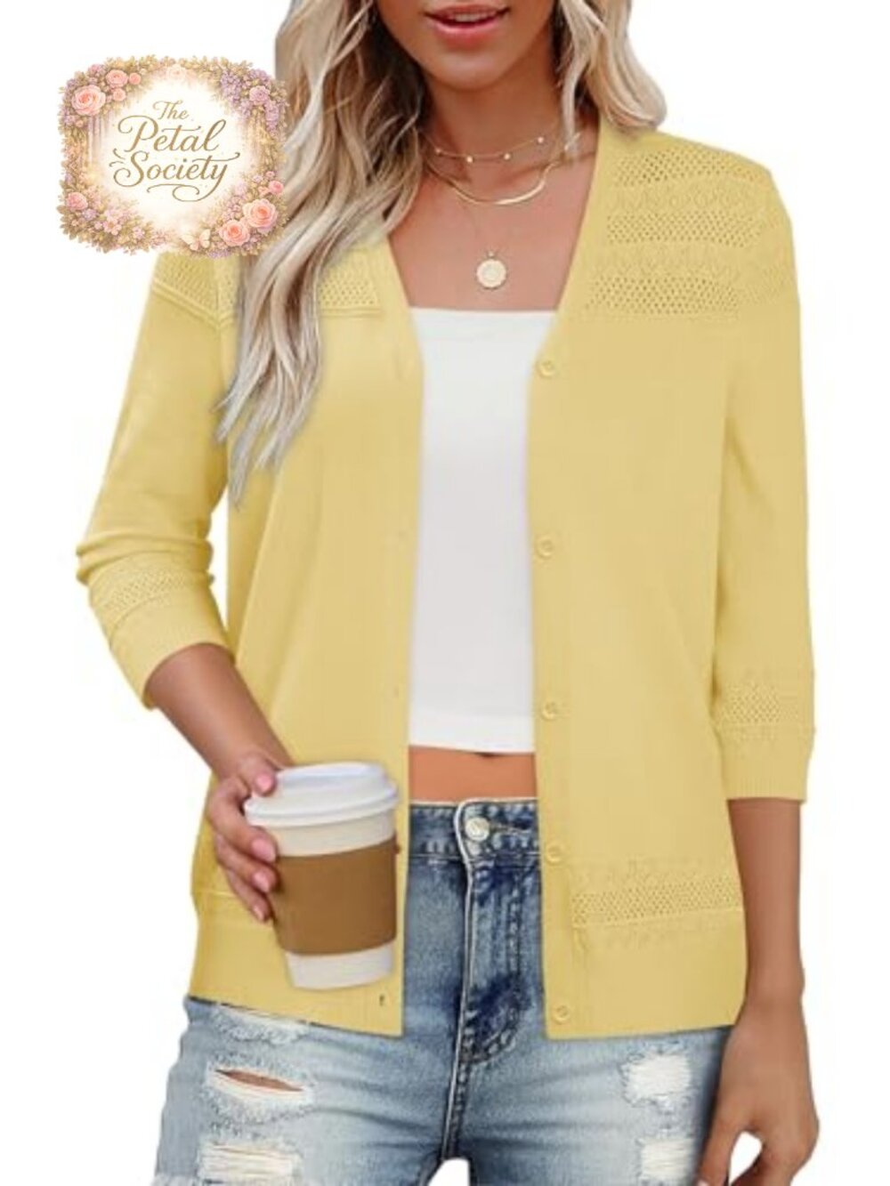 Womens Lightweight 3/4 Sleeve V Neck Crochet Cardigan Sweater S-2XL